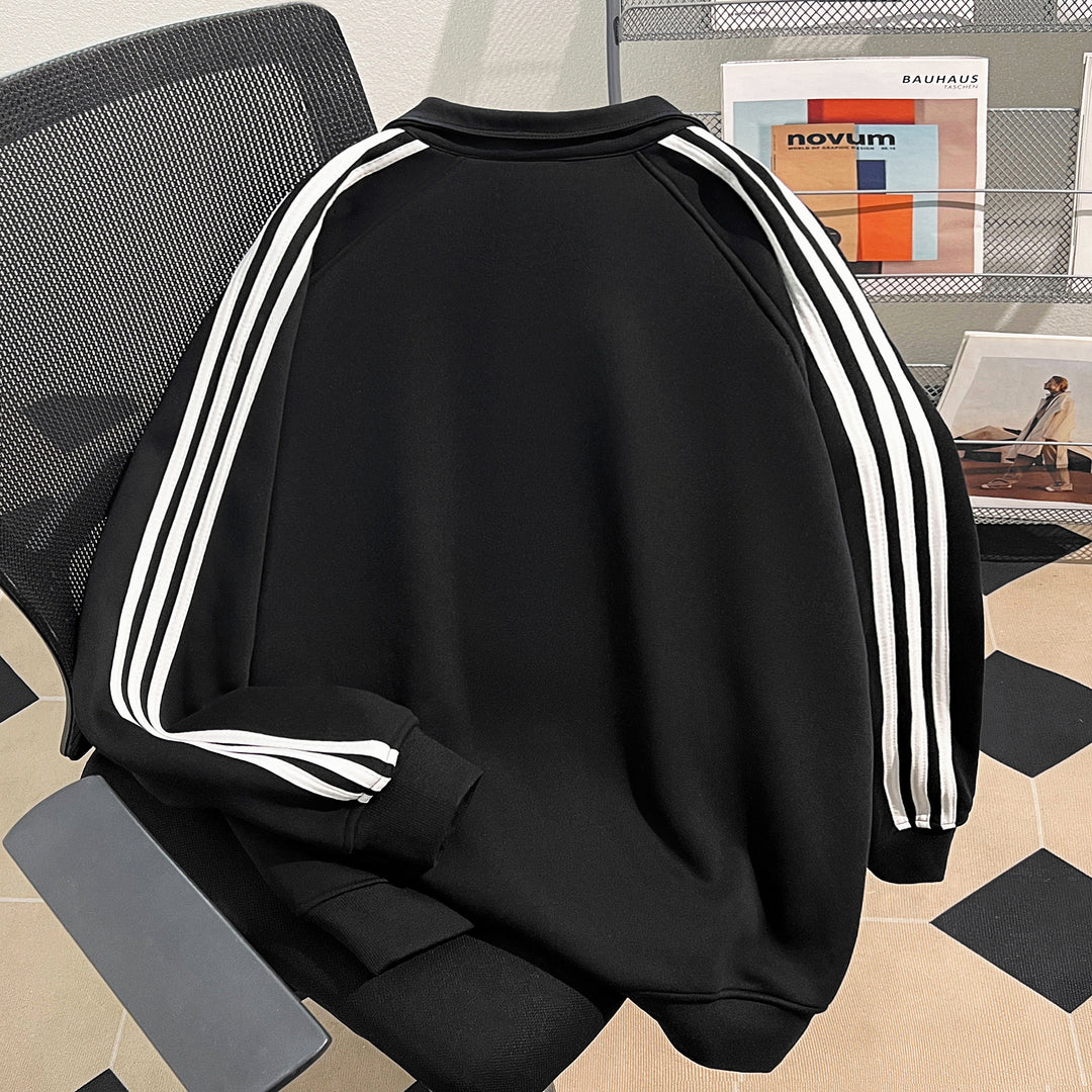 Plush Version-Three-Stripe Patchwork Polo Sweatshirt with Half-Zip
