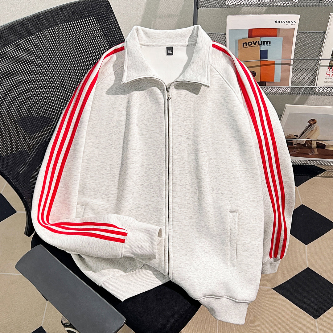 Plush Version-Three-Stripe Patchwork Polo Zip-Up Sweatshirt