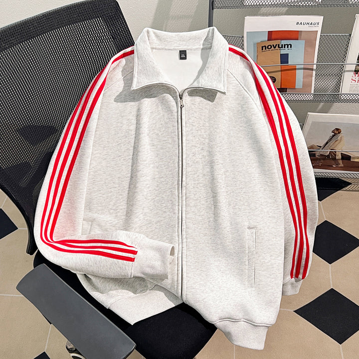 Plush Version-Three-Stripe Patchwork Polo Zip-Up Sweatshirt