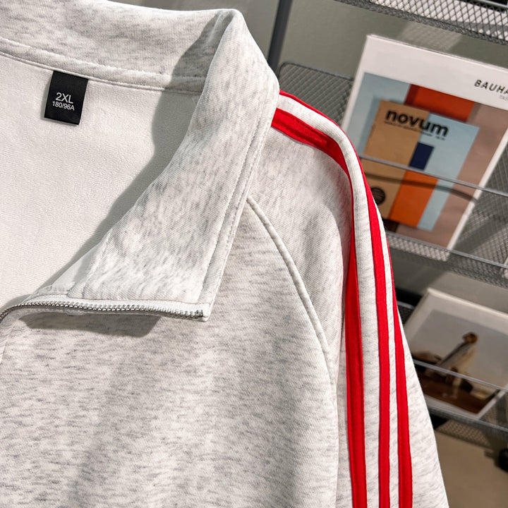 Plush Version-Three-Stripe Patchwork Polo Zip-Up Sweatshirt