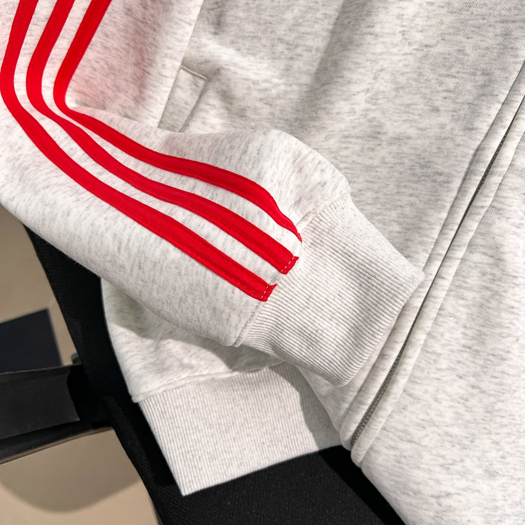 Plush Version-Three-Stripe Patchwork Polo Zip-Up Sweatshirt