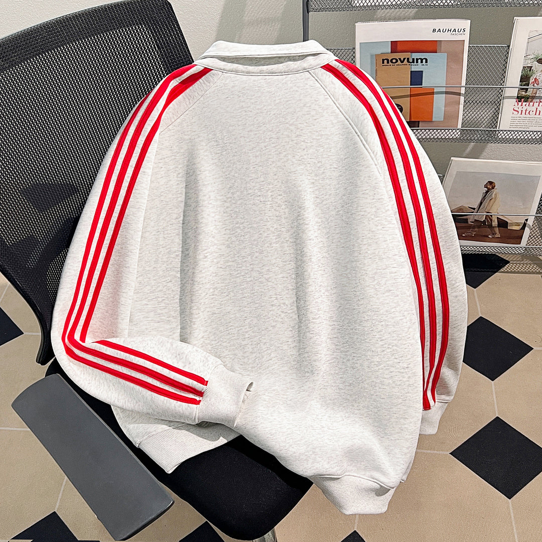 Plush Version-Three-Stripe Patchwork Polo Zip-Up Sweatshirt