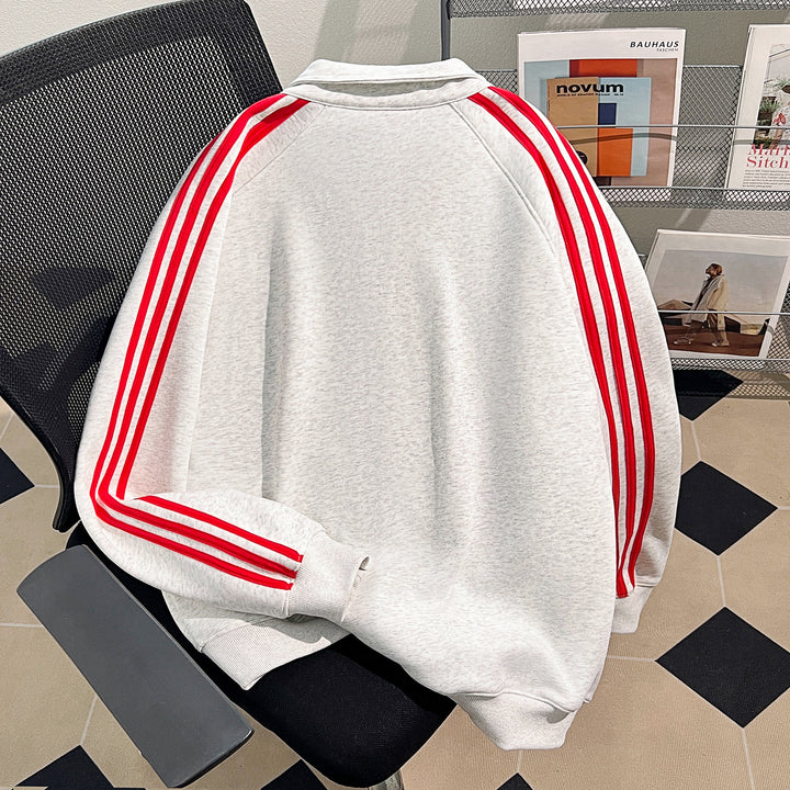 Plush Version-Three-Stripe Patchwork Polo Zip-Up Sweatshirt