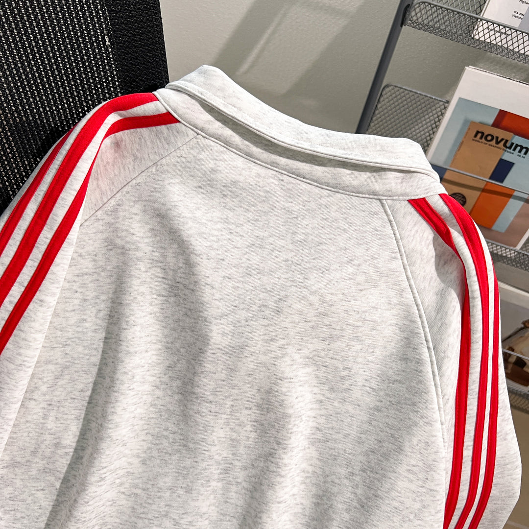 Plush Version-Three-Stripe Patchwork Polo Zip-Up Sweatshirt