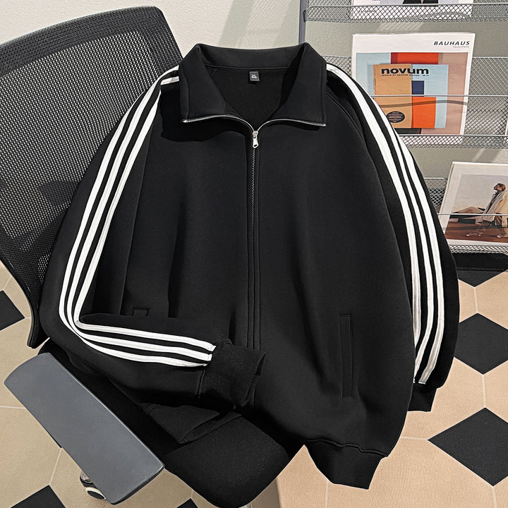 Plush Version-Three-Stripe Patchwork Polo Zip-Up Sweatshirt