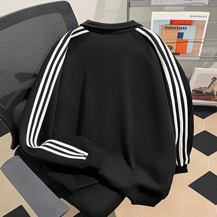 Plush Version-Three-Stripe Patchwork Polo Zip-Up Sweatshirt
