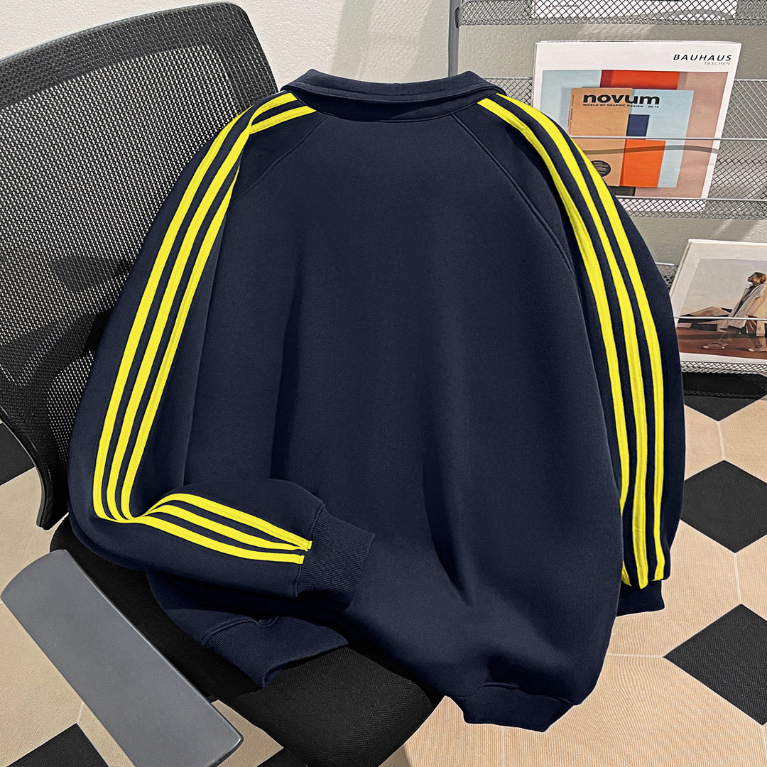 Plush Version-Three-Stripe Patchwork Polo Zip-Up Sweatshirt