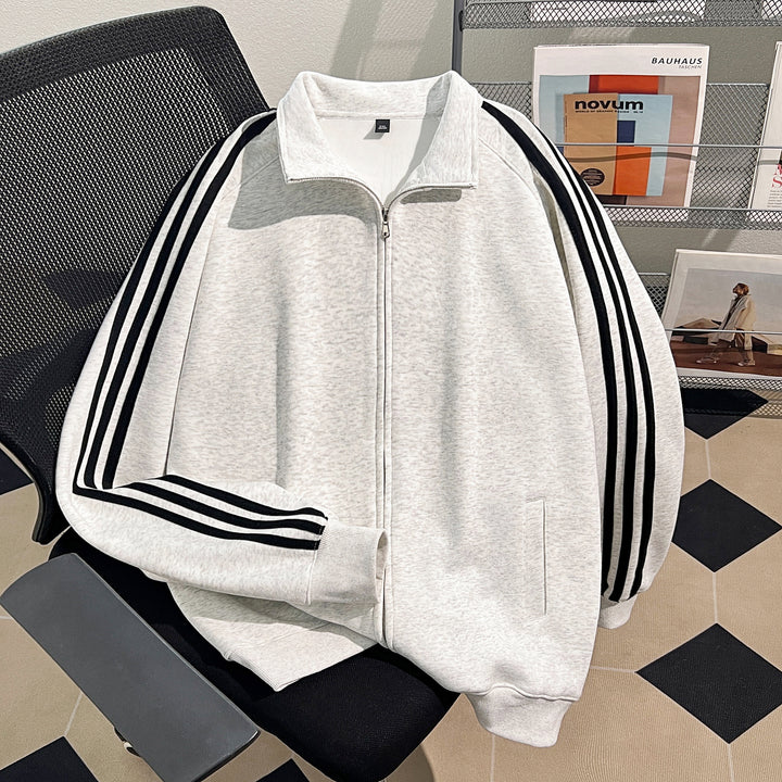 Plush Version-Three-Stripe Patchwork Polo Zip-Up Sweatshirt