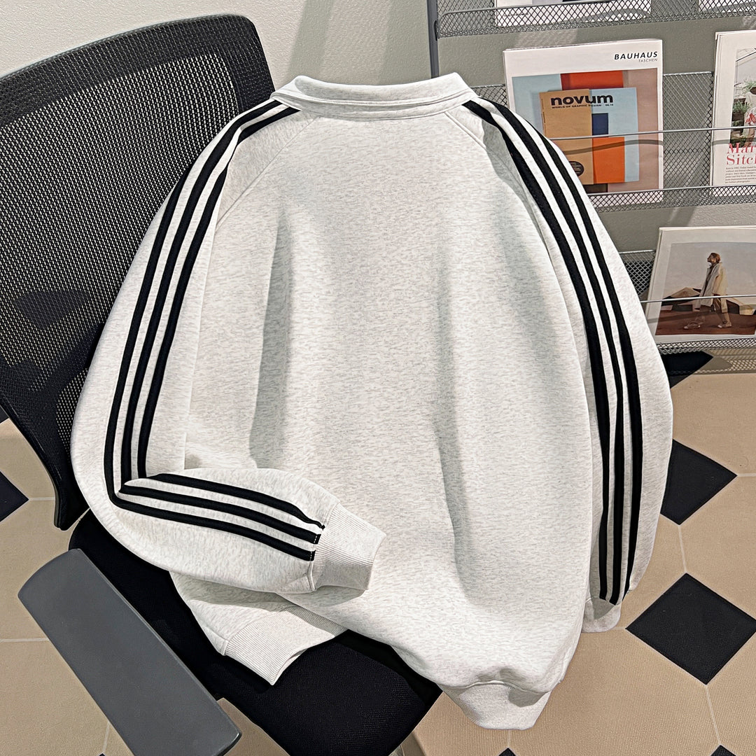 Plush Version-Three-Stripe Patchwork Polo Zip-Up Sweatshirt