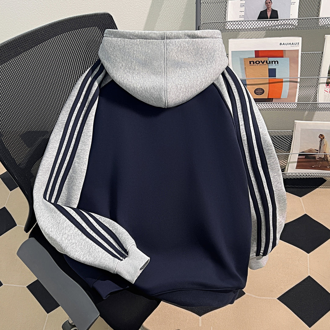 Plush Version-Three-Striped Patchwork Hoodie (without drawstrings)