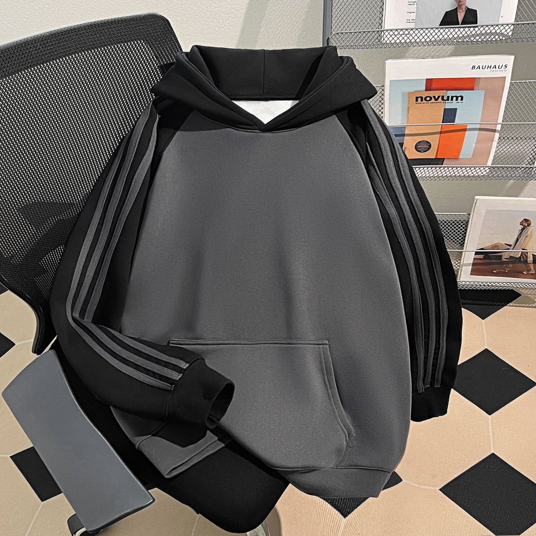 Plush Version-Three-Striped Patchwork Hoodie (without drawstrings)