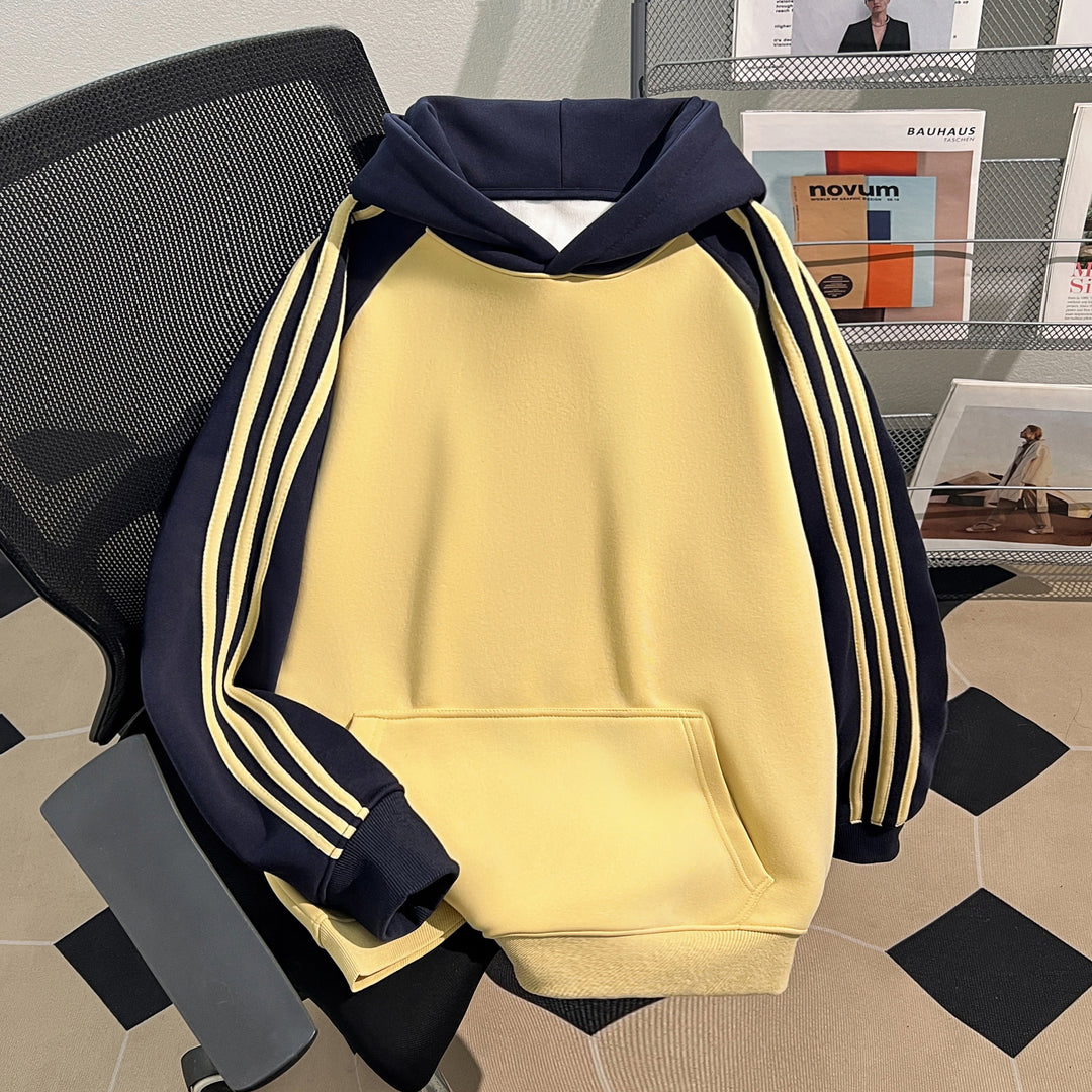 Plush Version-Three-Striped Patchwork Hoodie (without drawstrings)