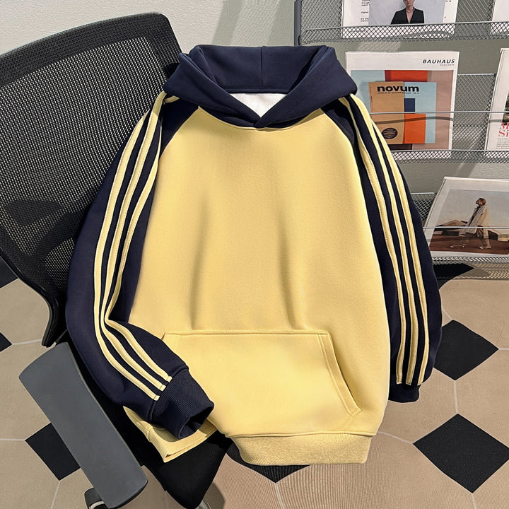 Plush Version-Three-Striped Patchwork Hoodie (without drawstrings)