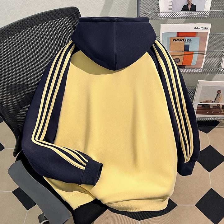 Plush Version-Three-Striped Patchwork Hoodie (without drawstrings)