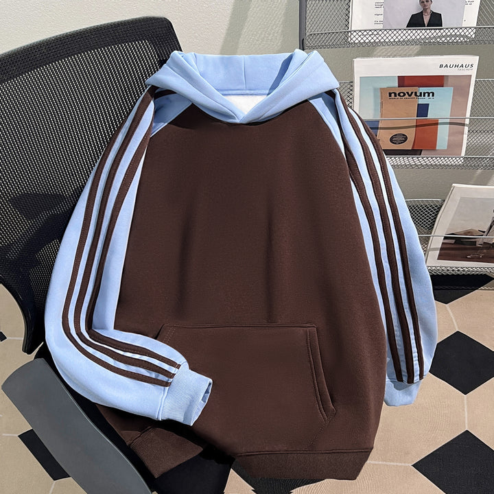 Plush Version-Three-Striped Patchwork Hoodie (without drawstrings)