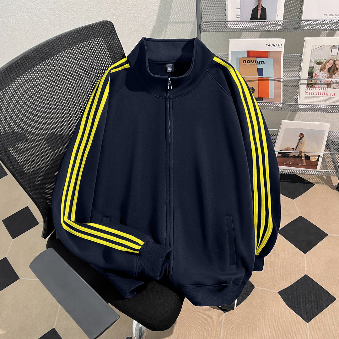 Plush Version-Three-Stripe Patchwork Polo Zip-Up Sweatshirt