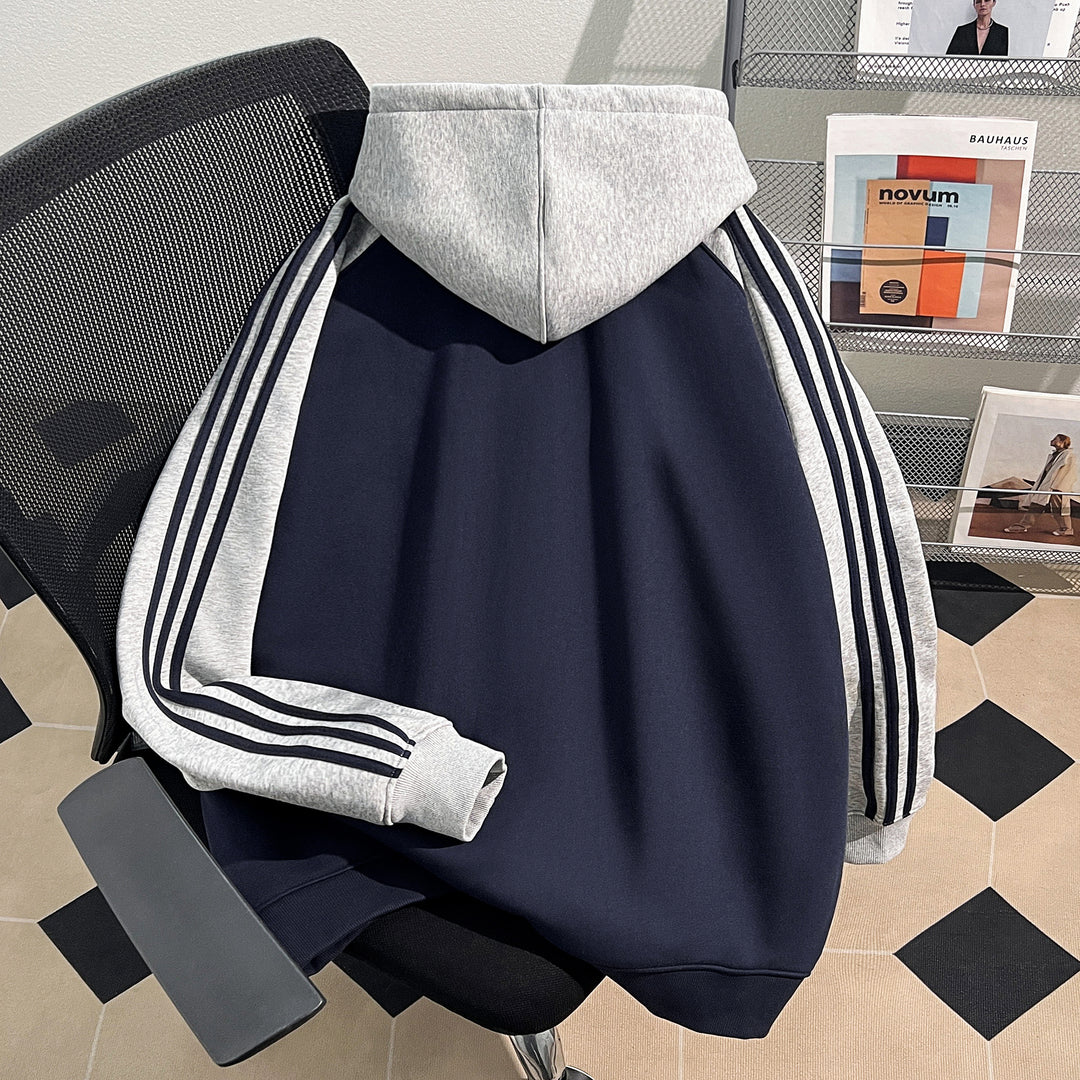 Plush Version-Three-Stripe Patchwork Zip-Up Hoodie