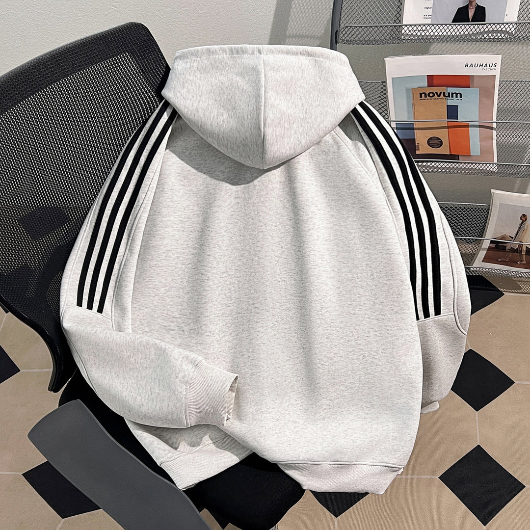 Plush Version-Three-Stripe Patchwork Zip-Up Hoodie
