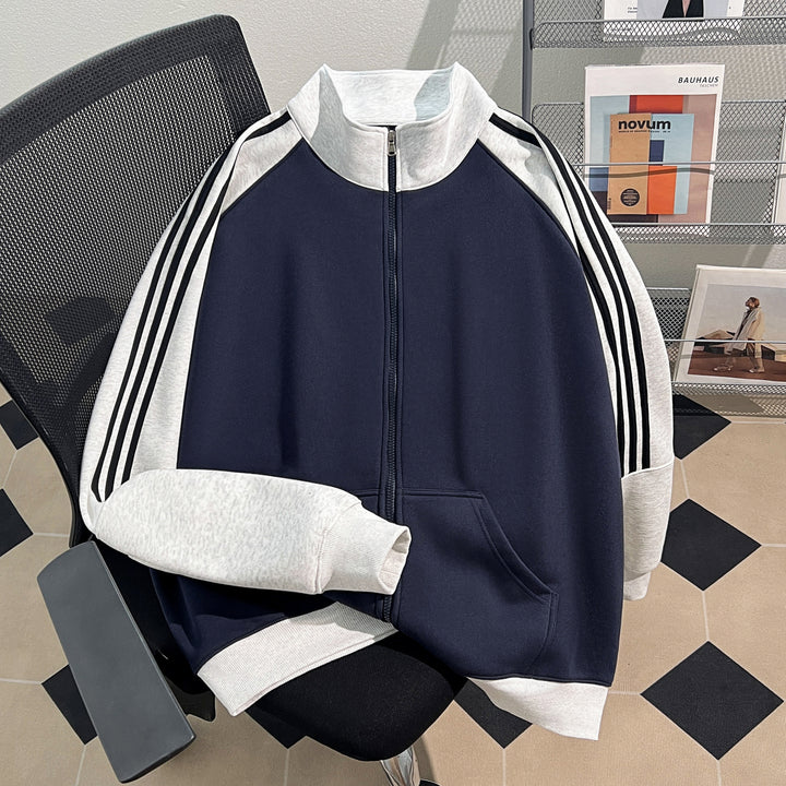 Plush Version-Three-Stripe Patchwork Polo Zip-Up Sweatshirt