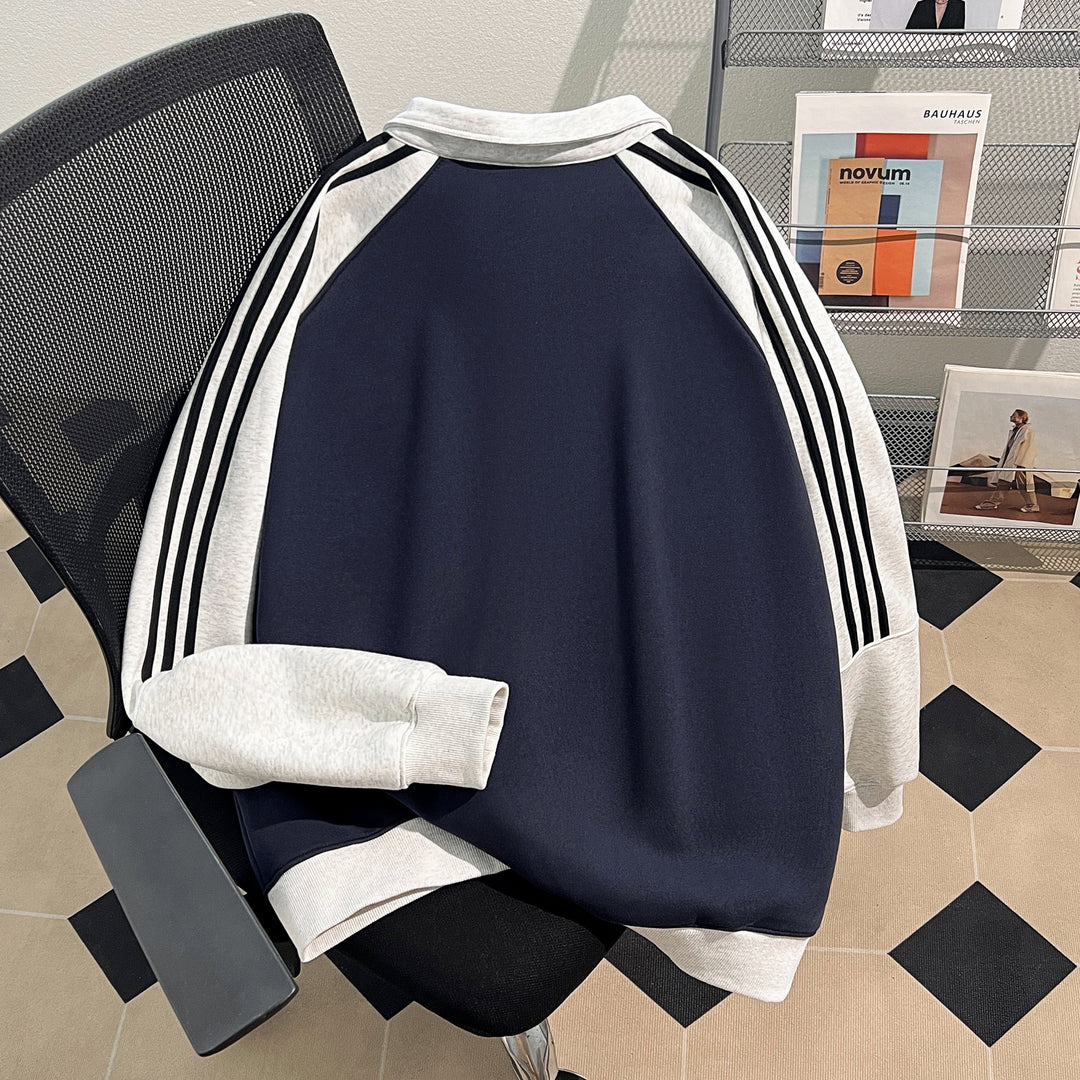 Plush Version-Three-Stripe Patchwork Polo Zip-Up Sweatshirt