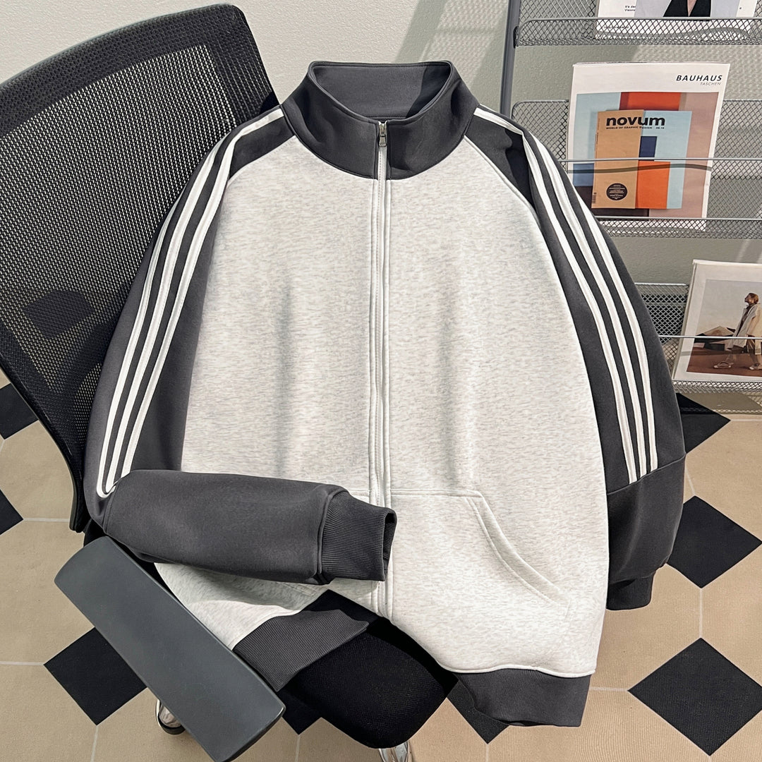 Plush Version-Three-Stripe Patchwork Polo Zip-Up Sweatshirt