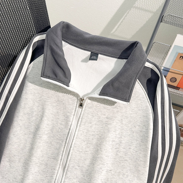 Plush Version-Three-Stripe Patchwork Polo Zip-Up Sweatshirt