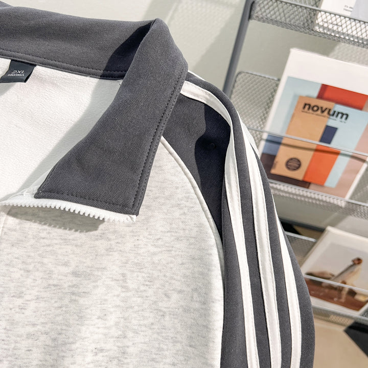 Plush Version-Three-Stripe Patchwork Polo Zip-Up Sweatshirt