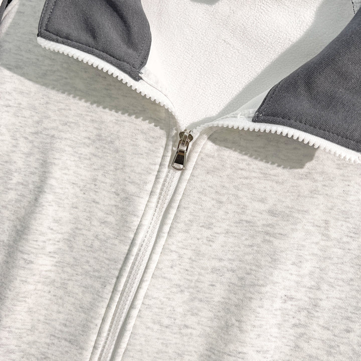 Plush Version-Three-Stripe Patchwork Polo Zip-Up Sweatshirt