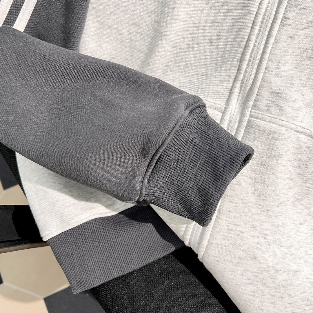 Plush Version-Three-Stripe Patchwork Polo Zip-Up Sweatshirt