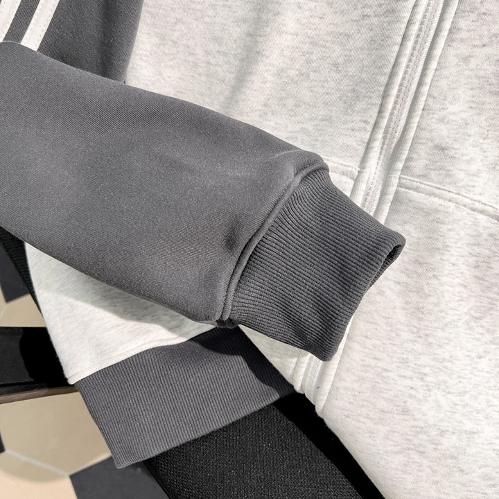 Plush Version-Three-Stripe Patchwork Polo Zip-Up Sweatshirt