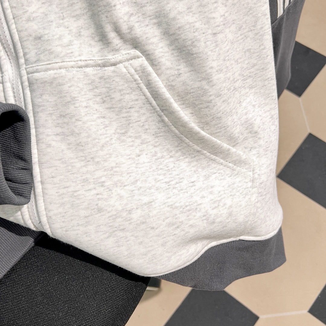Plush Version-Three-Stripe Patchwork Polo Zip-Up Sweatshirt