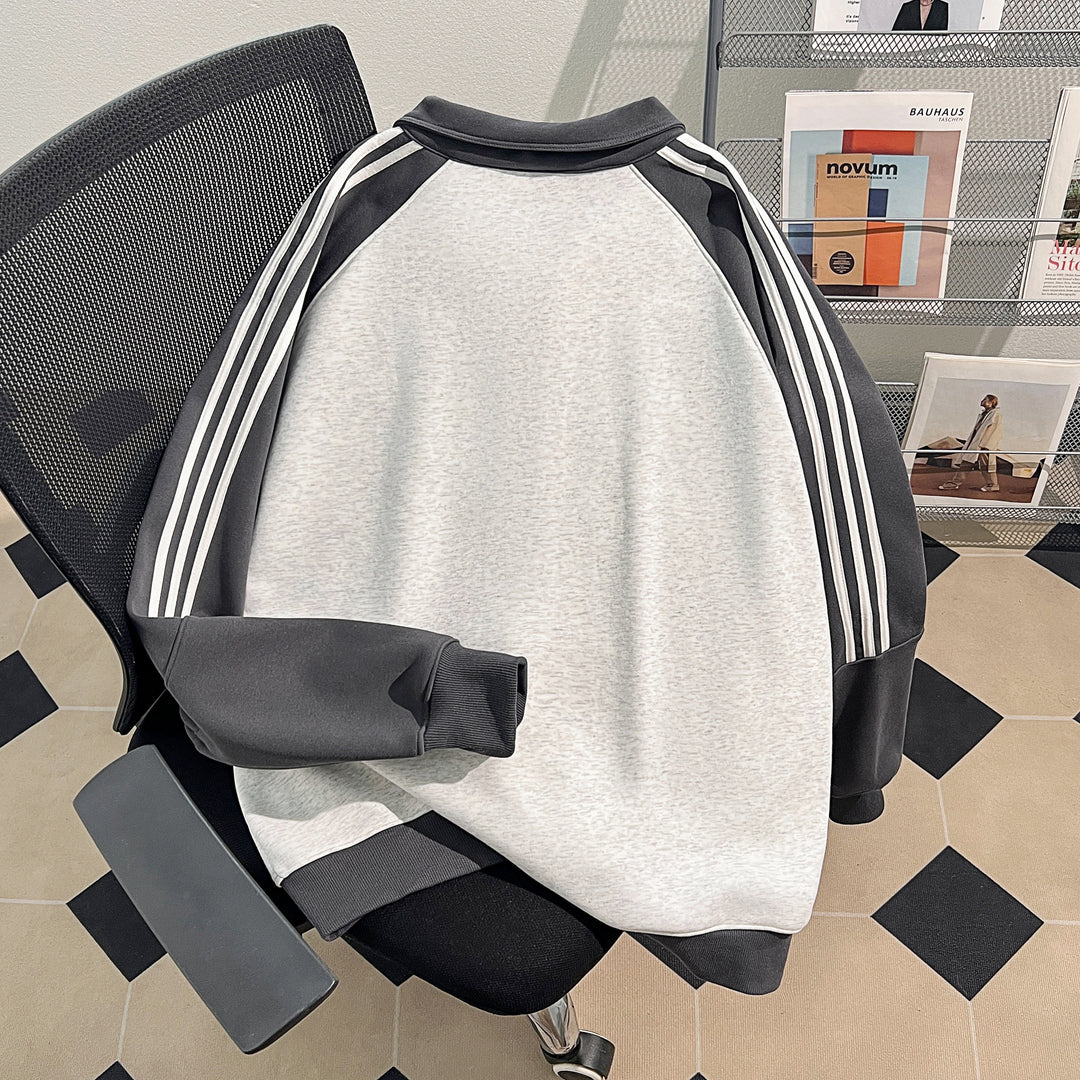 Plush Version-Three-Stripe Patchwork Polo Zip-Up Sweatshirt