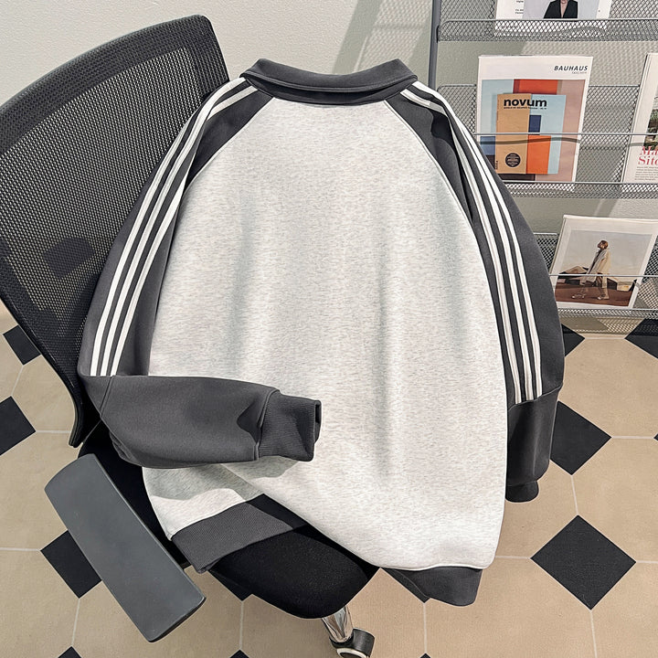 Plush Version-Three-Stripe Patchwork Polo Zip-Up Sweatshirt