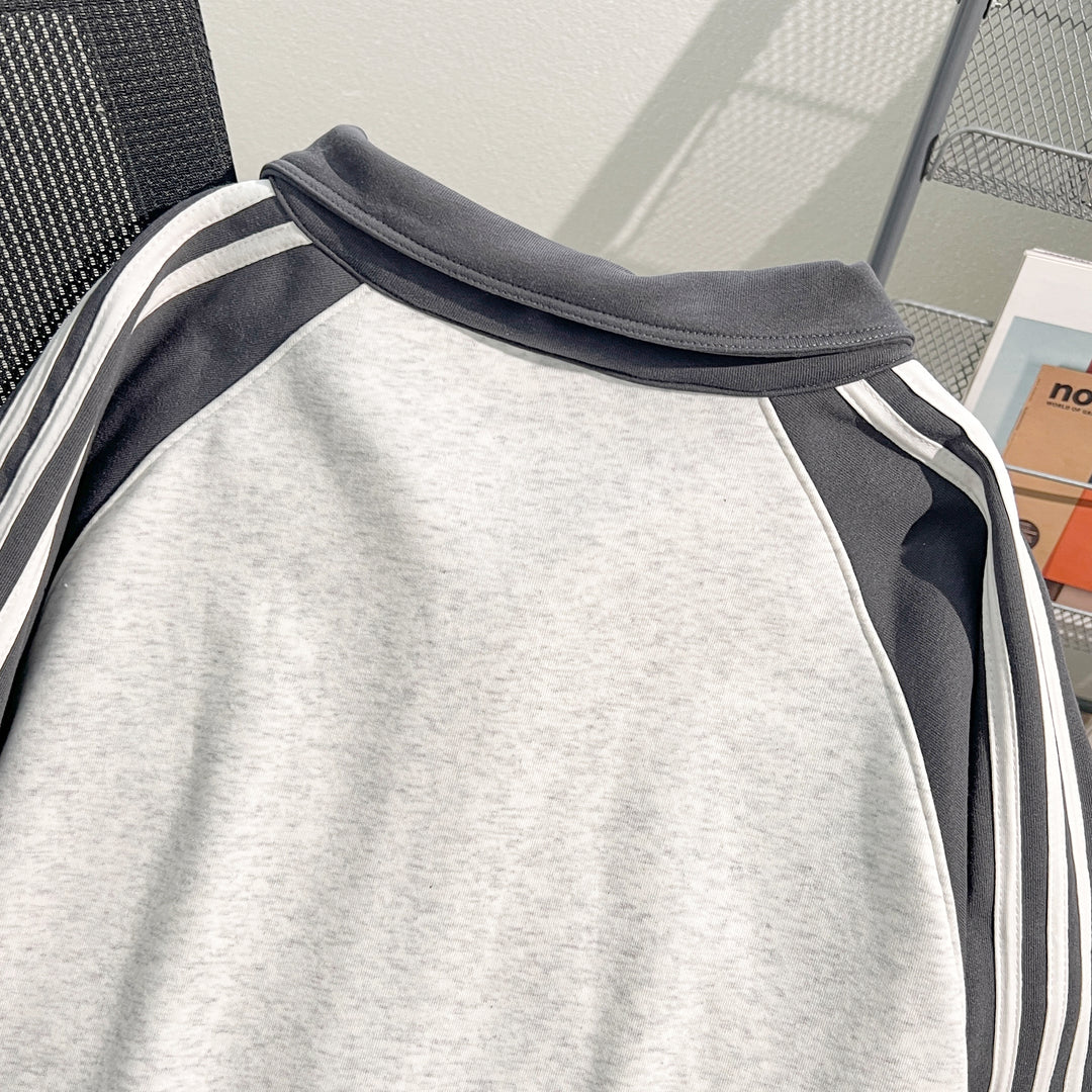 Plush Version-Three-Stripe Patchwork Polo Zip-Up Sweatshirt