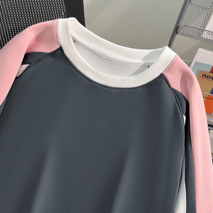 Plush Version-Three-color splicing crew neck sweatshirt