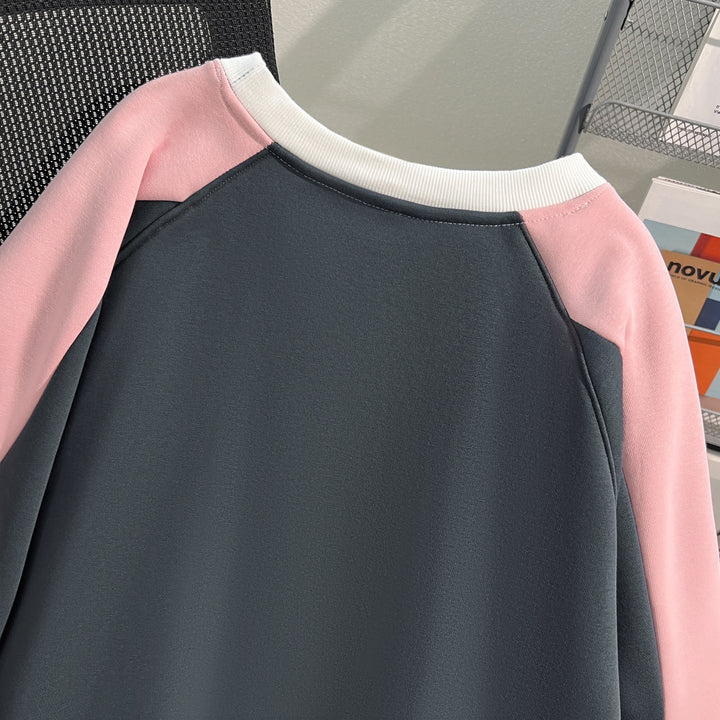 Plush Version-Three-color splicing crew neck sweatshirt