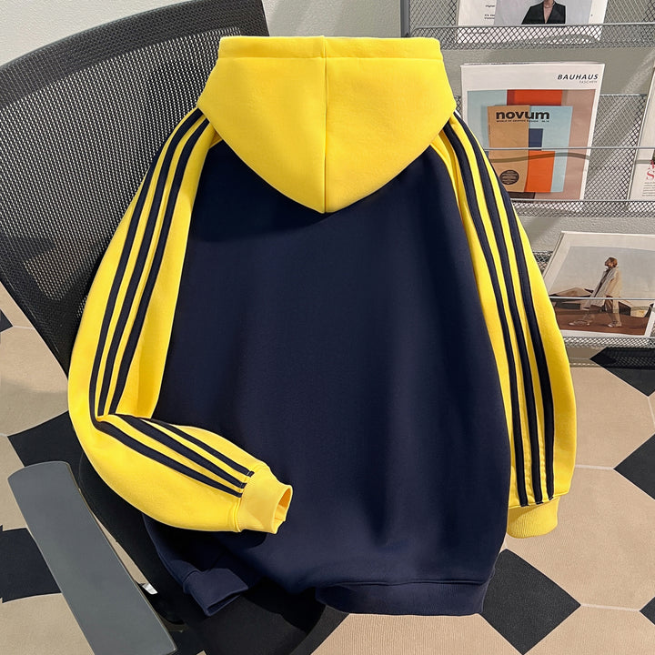 Plush Version-Three-Striped Patchwork Hoodie (without drawstrings)