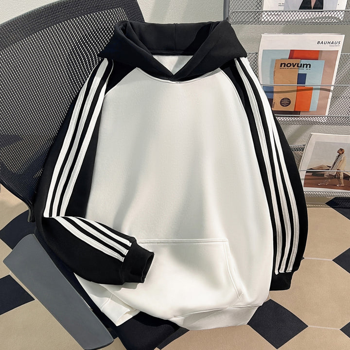 Plush Version-Three-Striped Patchwork Hoodie (without drawstrings)