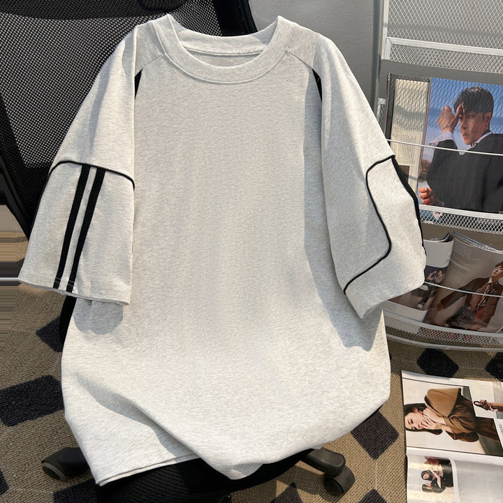 220G-Two-stripe Patchwork short-sleeved T-shirt