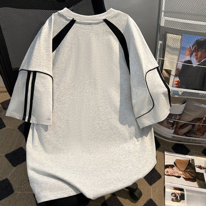 220G-Two-stripe Patchwork short-sleeved T-shirt